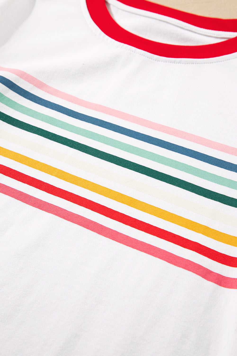 White Rainbow Stripe Print Contrast Crewneck T Shirt eAura