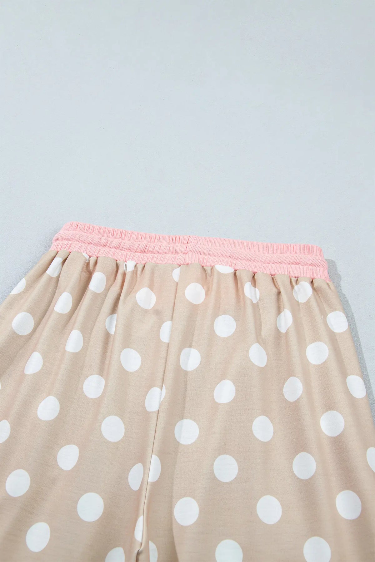 Polka Dot Contrast Trim Long Sleeve Top Drawstring Shift Pants Set – Khaki