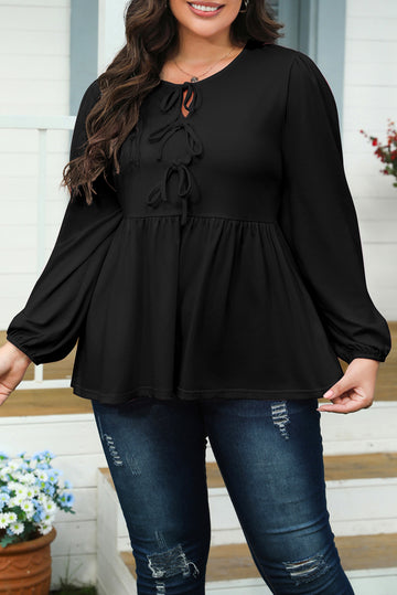 Solid Color Bow Tie Front Long Sleeve Plus Size Peplum Blouse – Black