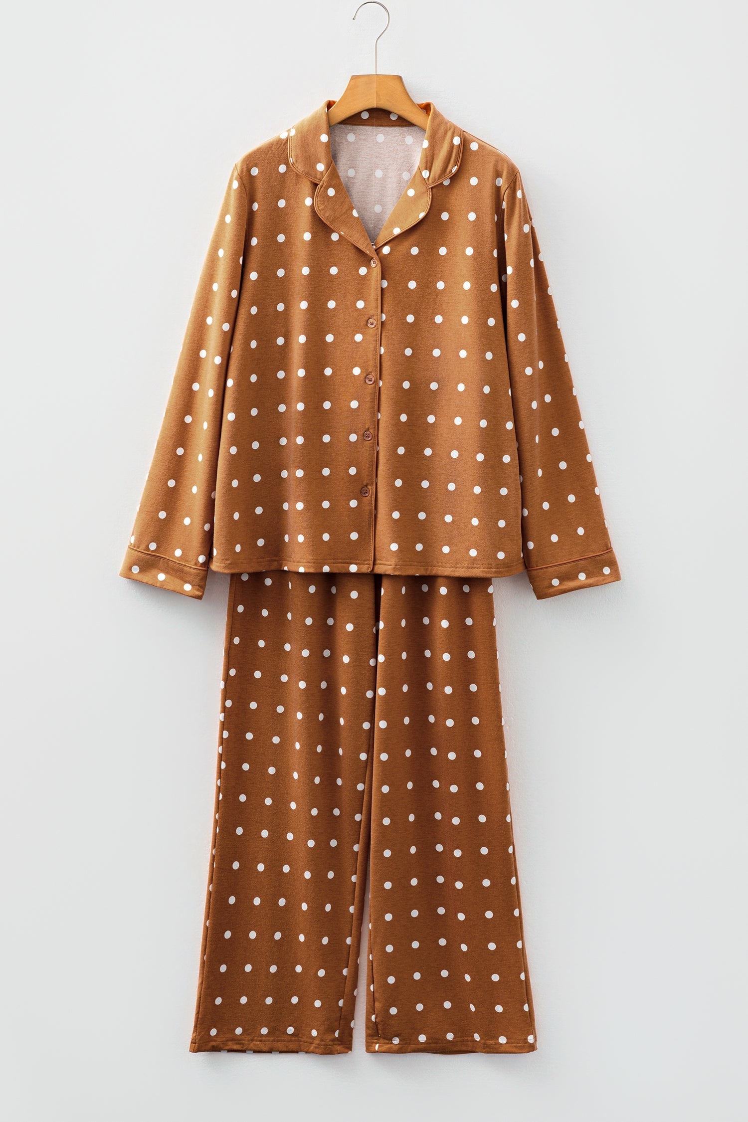 Brown Polka Dot Print Long Sleeve Shirt Pyjama Set - eAura