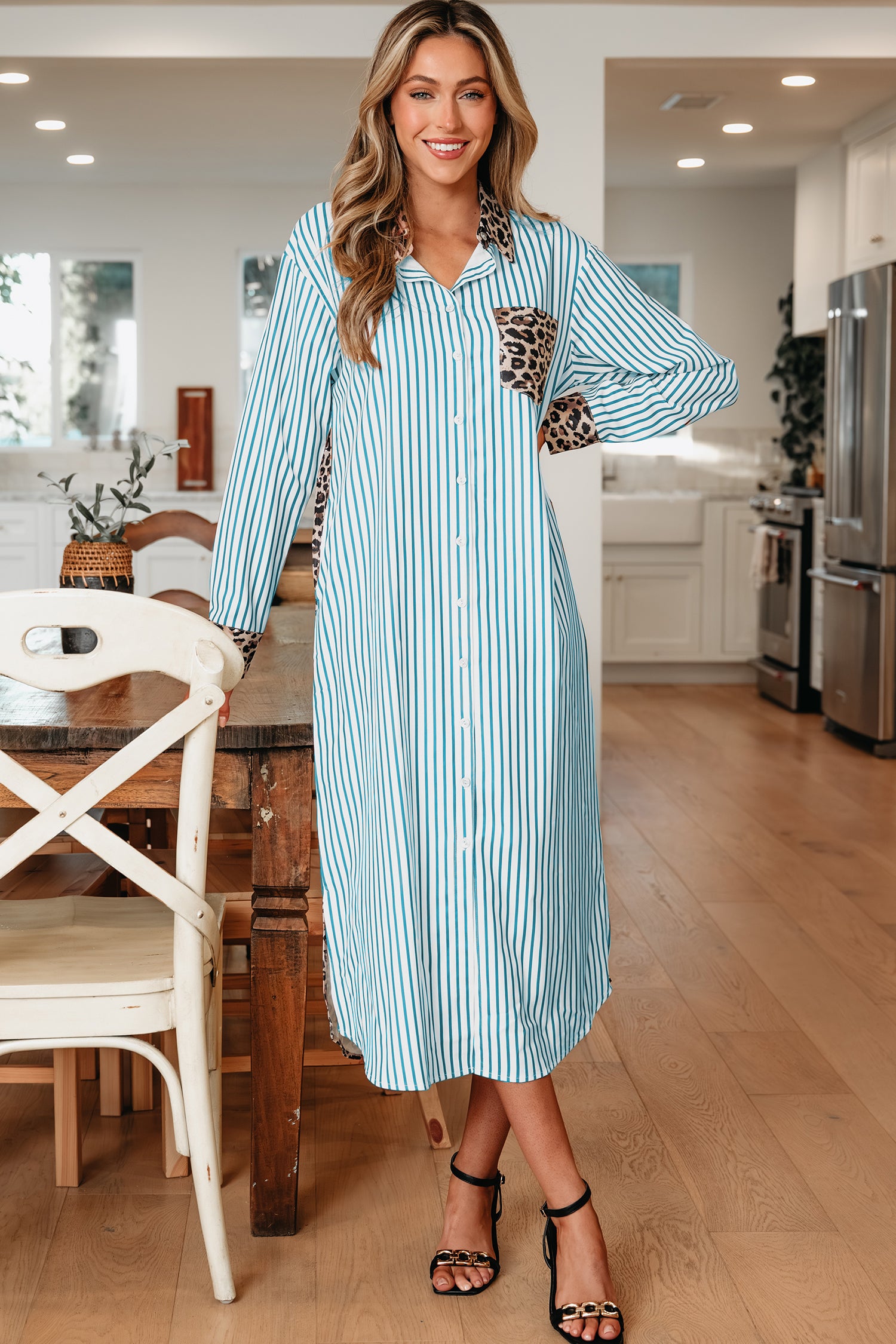 Stripe Contrast Leopard Patchwork Long Shirt Dress with Slits