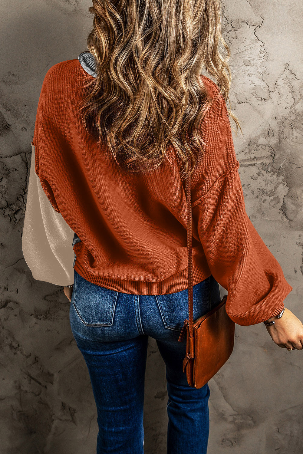 Pink Colourblock Bishop Sleeve Ribbed Trim Sweater eAura