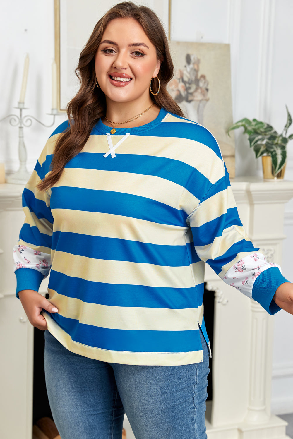 Blue Stripe Floral Color Block Drop Shoulder Plus Size Pullover Top - Size/Plus Sweatshirts & Hoodies