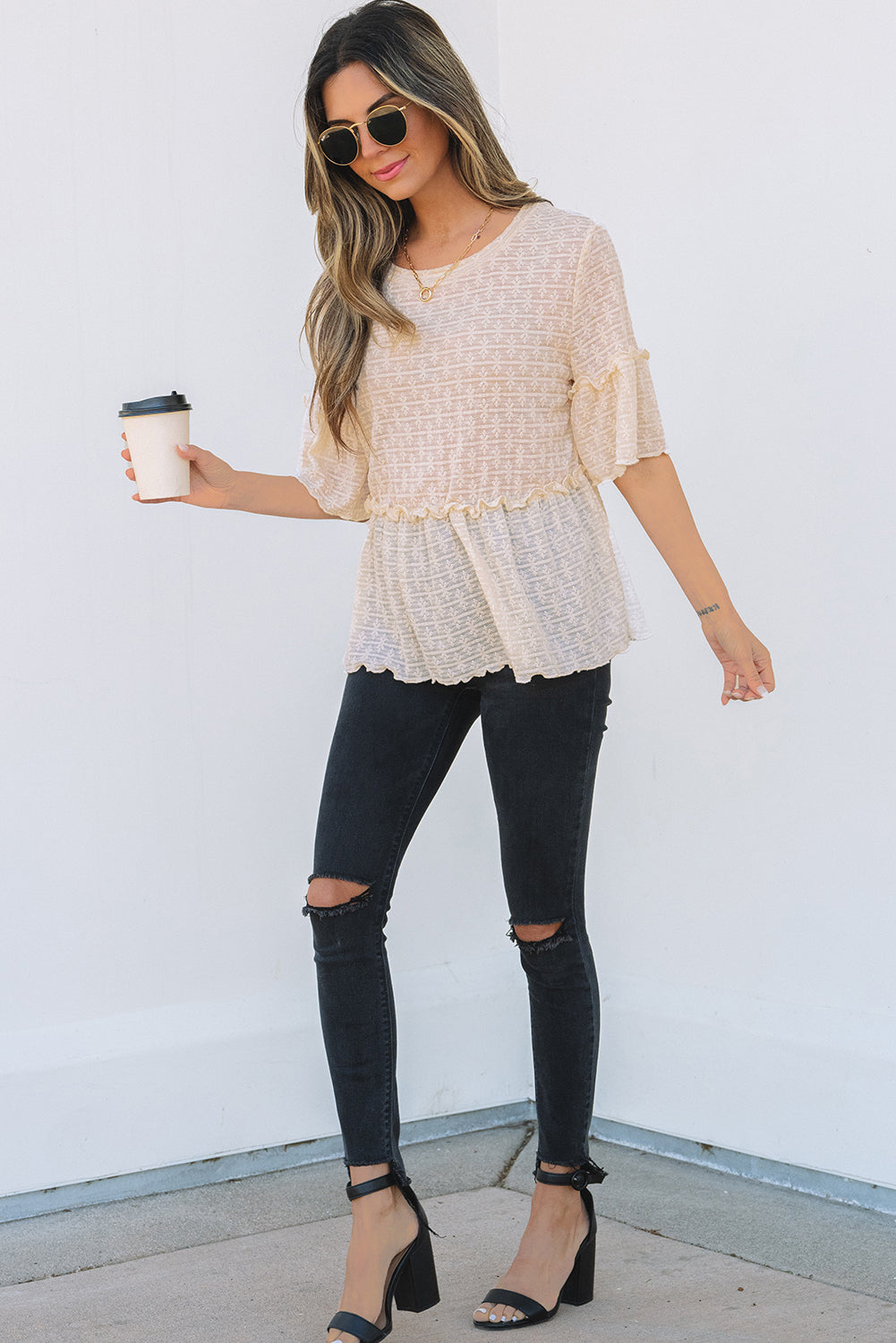 Beige Solid Colour Textured Ruffled Short Sleeve Blouse eAura