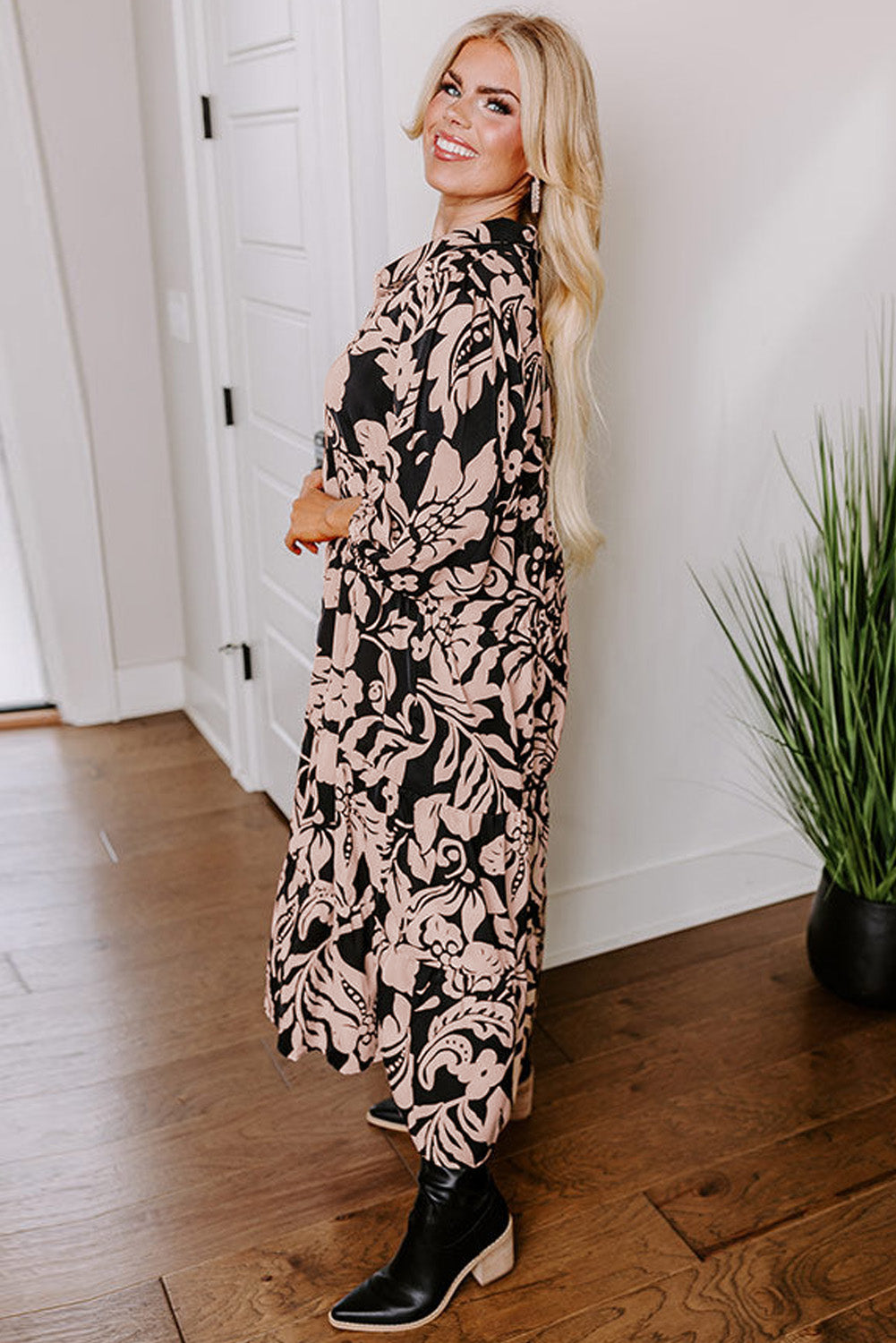 Black Plus Size Floral Printed Puff Sleeve Collared Maxi Dress BB Fashion Outlet