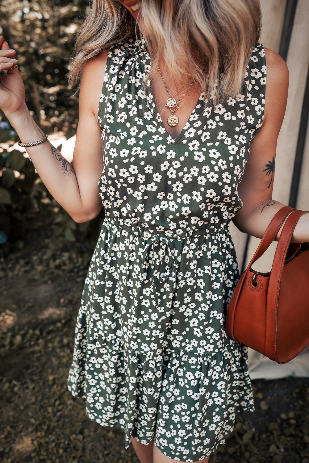 Boho Floral Print V-Neck Knot Waist Sleeveless Dress