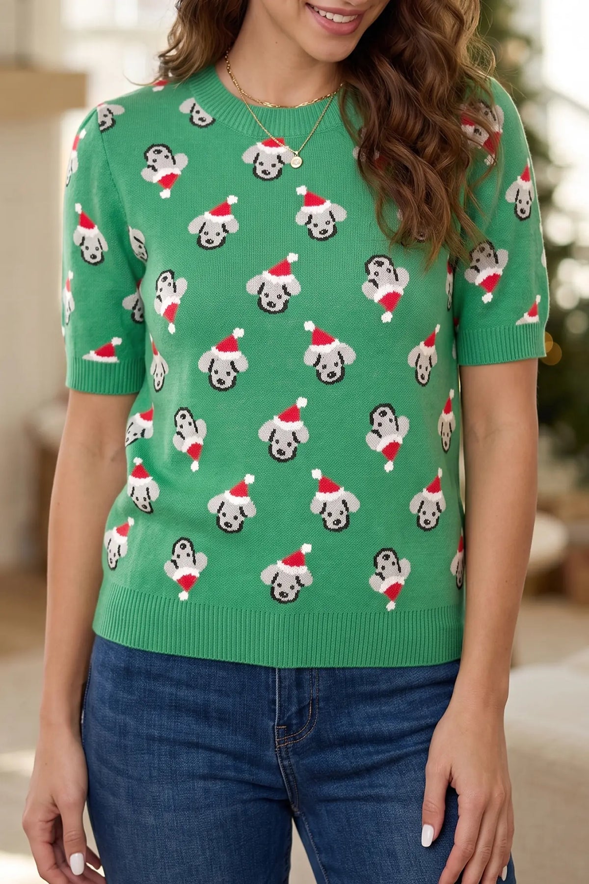 Abstract Dog Pattern Christmas Round Neck Short Sleeve Sweater