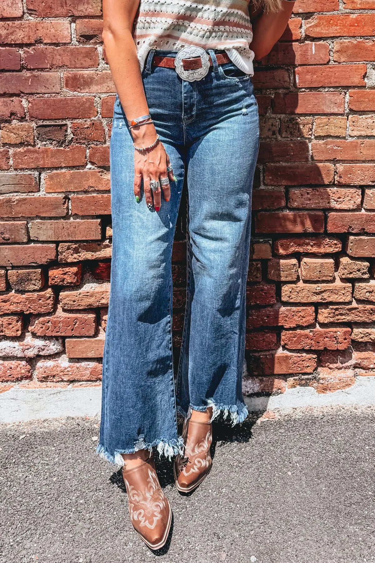 Ashleigh Blue High Waist Frayed Hem Flare Jeans – Dark Blue