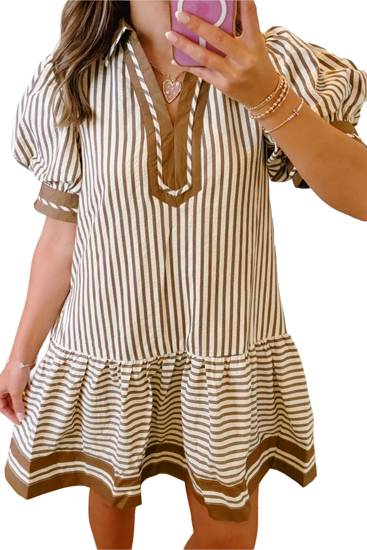 Shirt Collar Color Block Patchwork Trim Ruffle Hem Short Dress – Brown Stripe