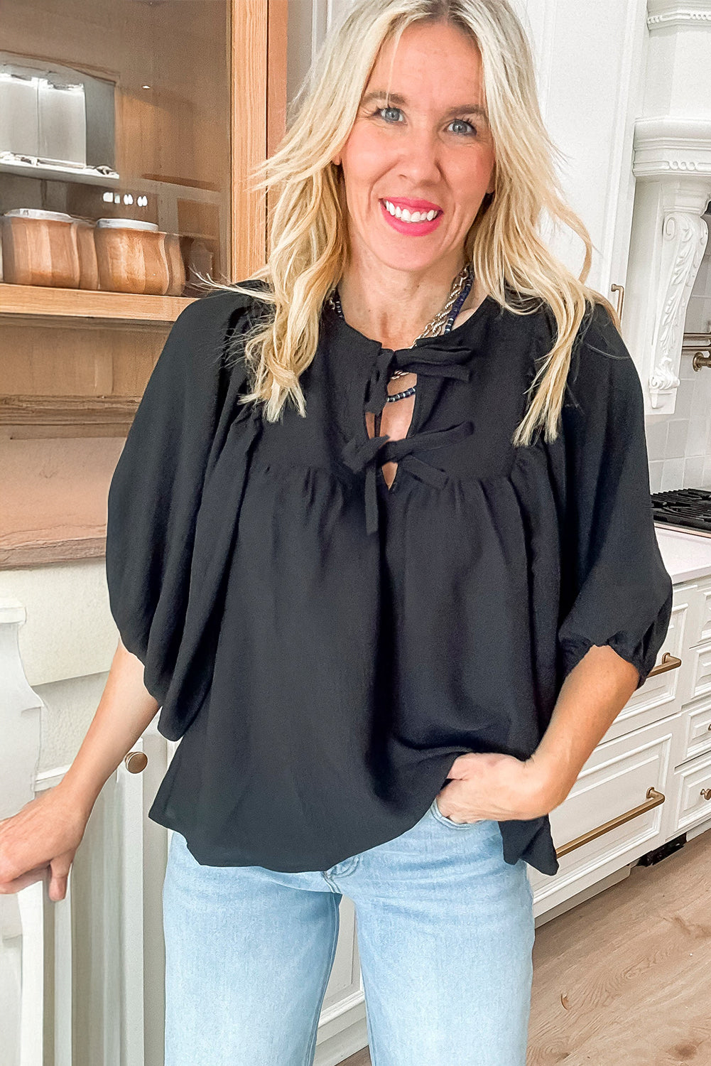 Black Bow Tie Neck 3/4 Sleeve Casual Blouse - Tops/Blouses & Shirts