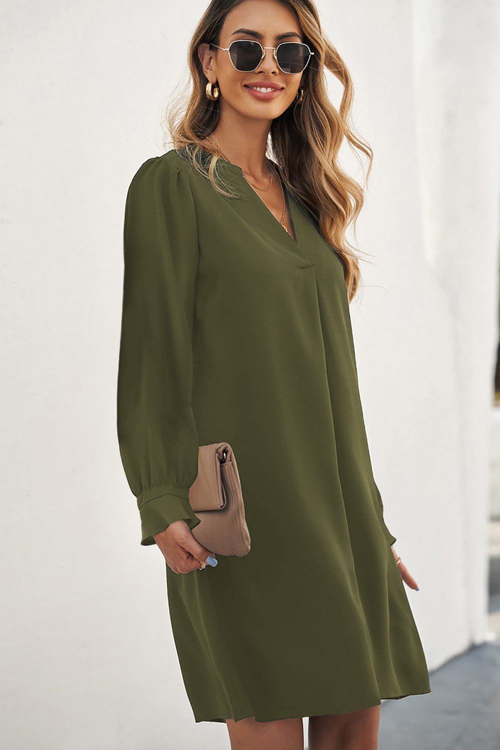 Green Split V Neck Ruffled Sleeves Shirt Dress BB Fashion Outlet