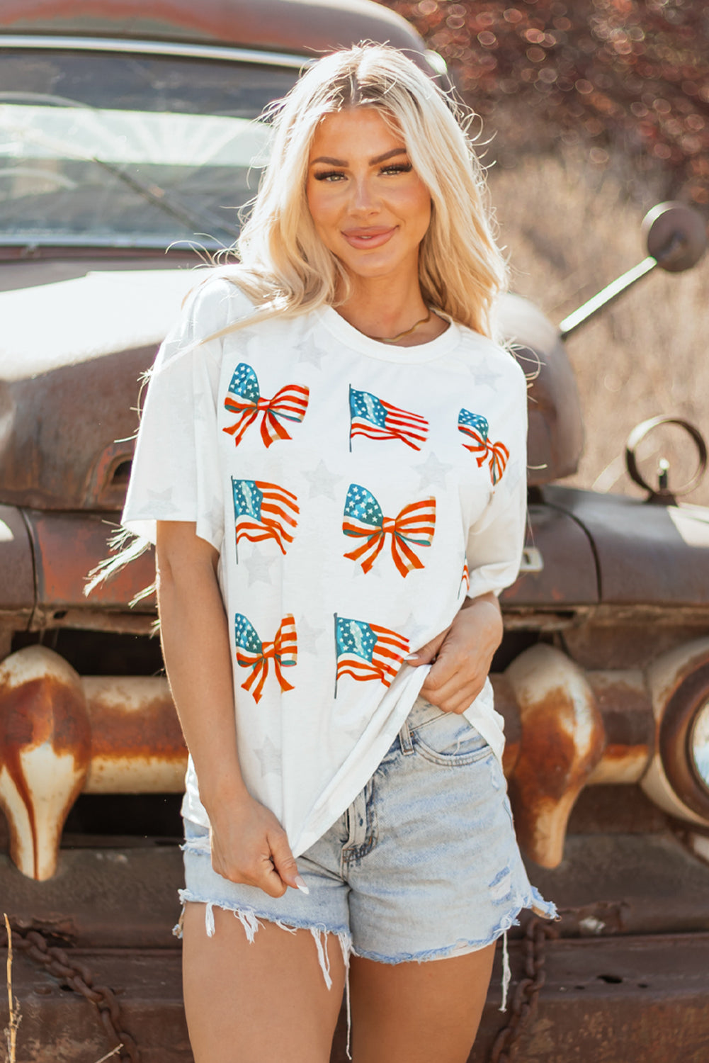 Khaki Patriotic Flag Bow Graphic Starry Round Neck T Shirt - eAura