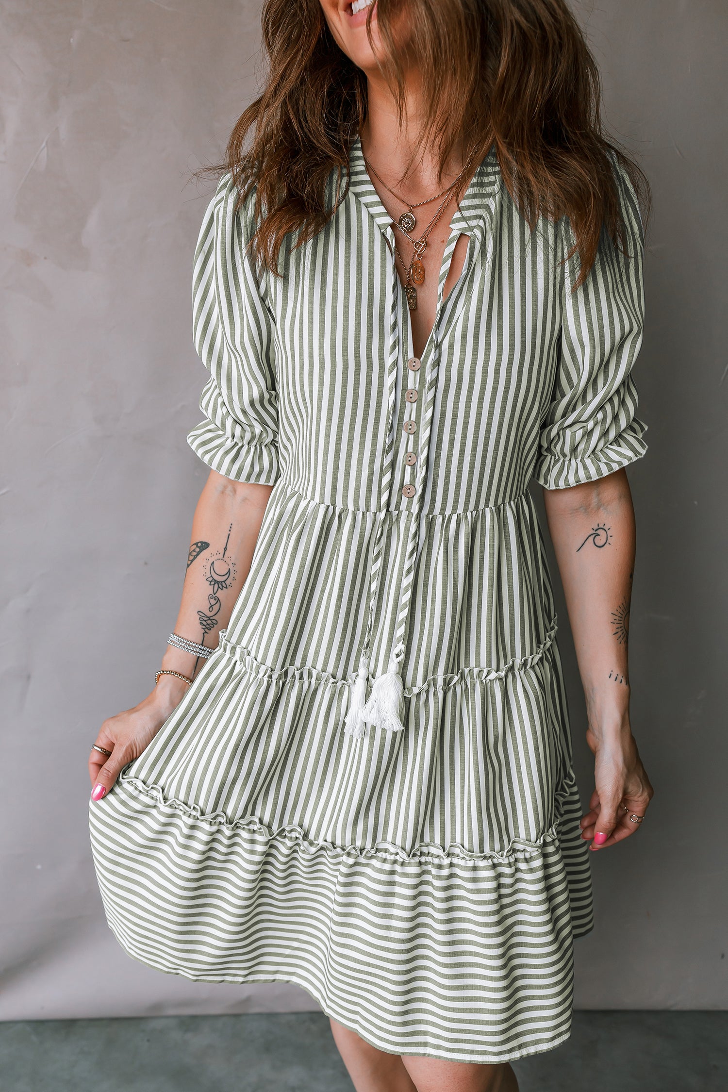 Stripe Tasseled Tie Neck Ruffled Short Sleeve Tiered Dress