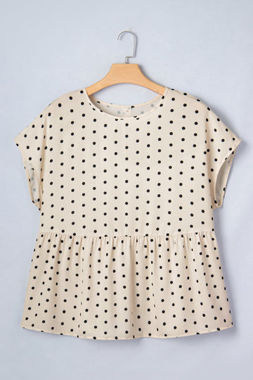 Plus Size Polka Dot Print Button Detail Short Sleeve Babydoll Blouse