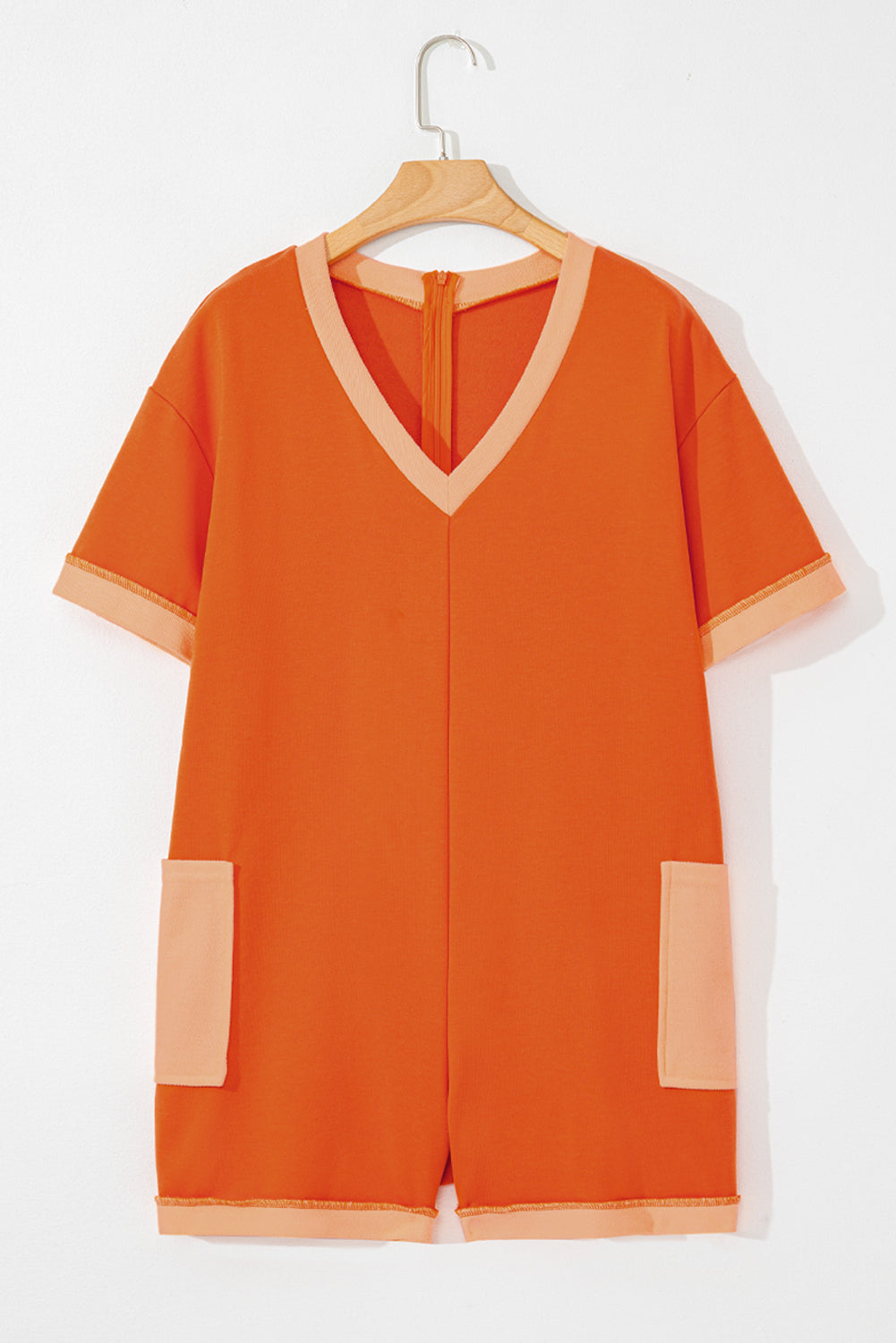 Russet Orange Two-tone Short Sleeve V Neck Patched Pocket Loose Romper eAura