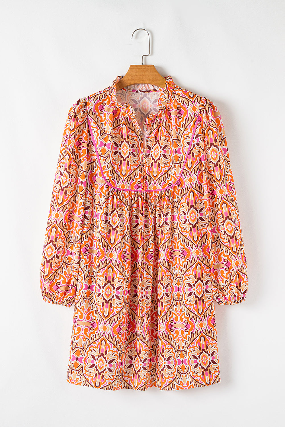 Khaki Abstract Printed Long Sleeve Tied Neckline Mini Dress eAura