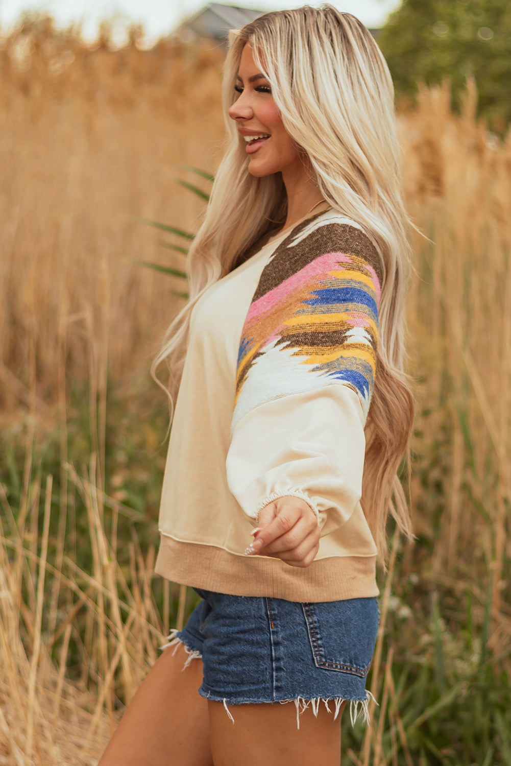 Aztec Patchwork Raglan Pullover Sweatshirt - eAura