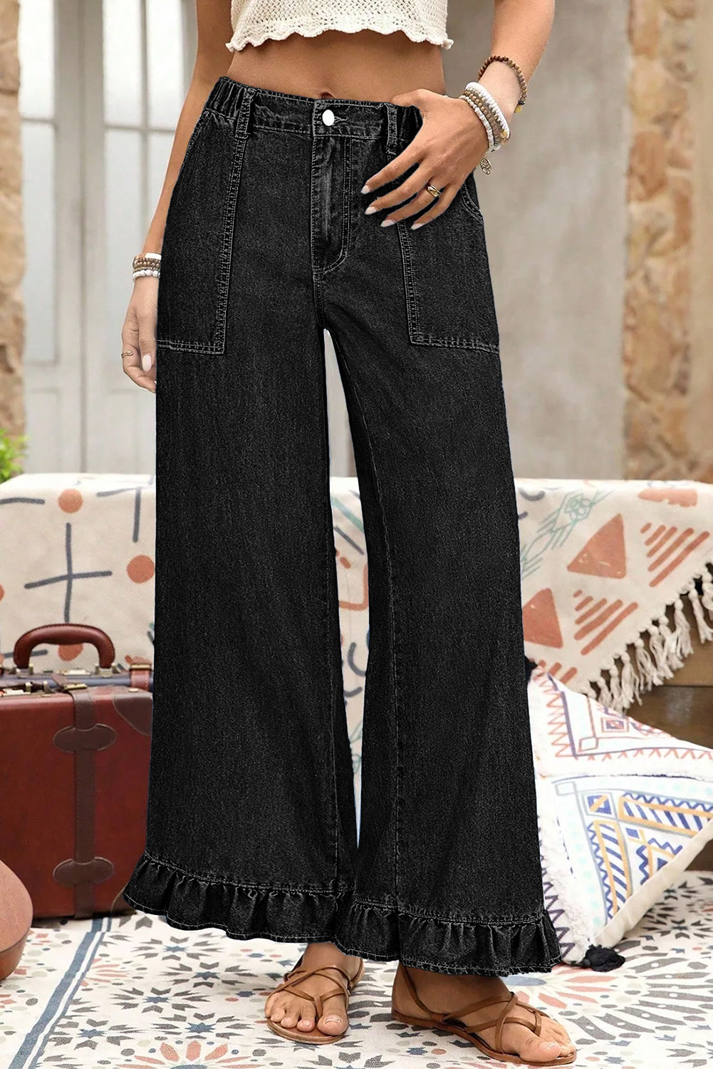Plus Size Elastic Waist Ruffled Wide Leg Denim Jeans - Size/Plus Bottoms