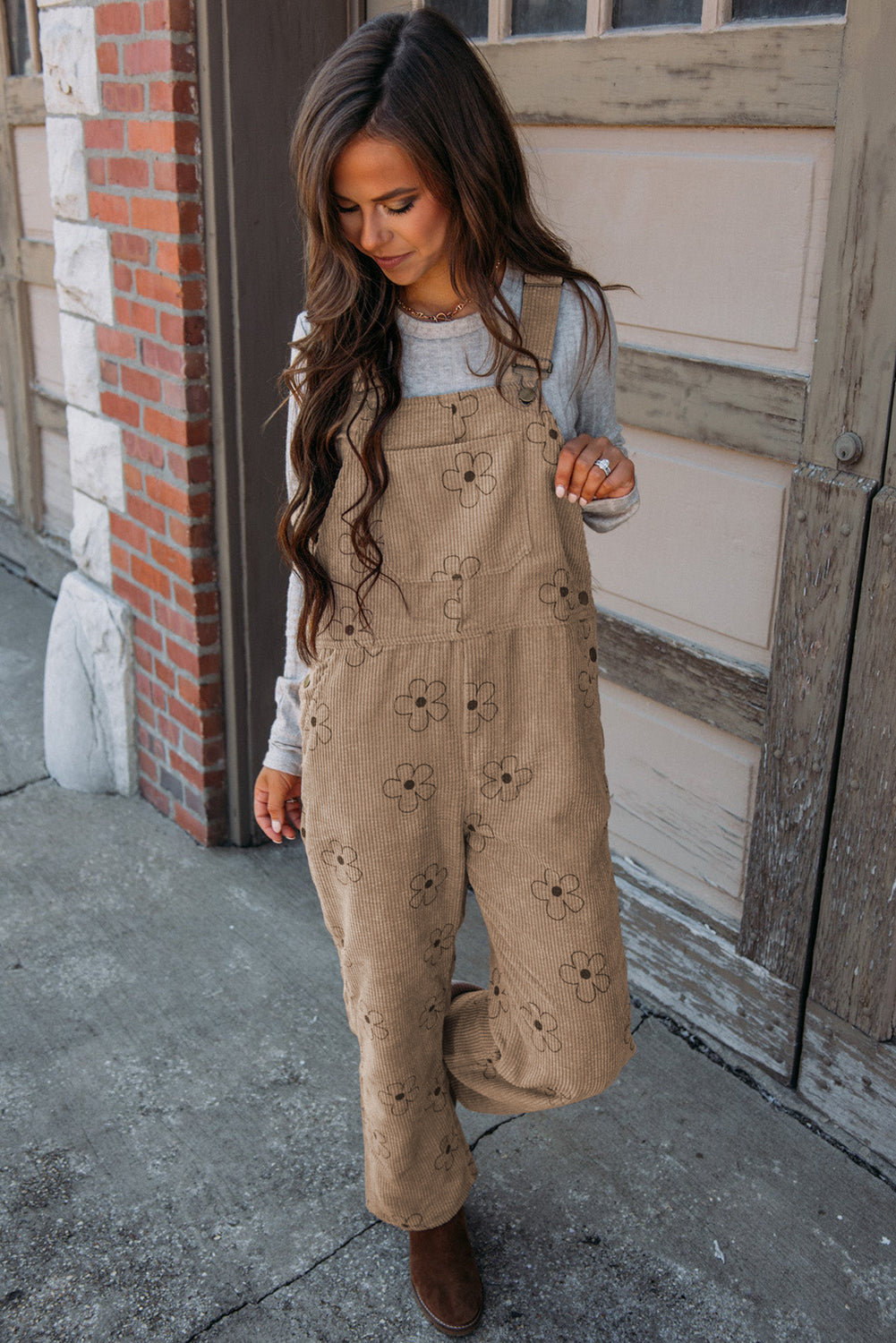 Khaki Flower Print Corduroy Overalls eAura