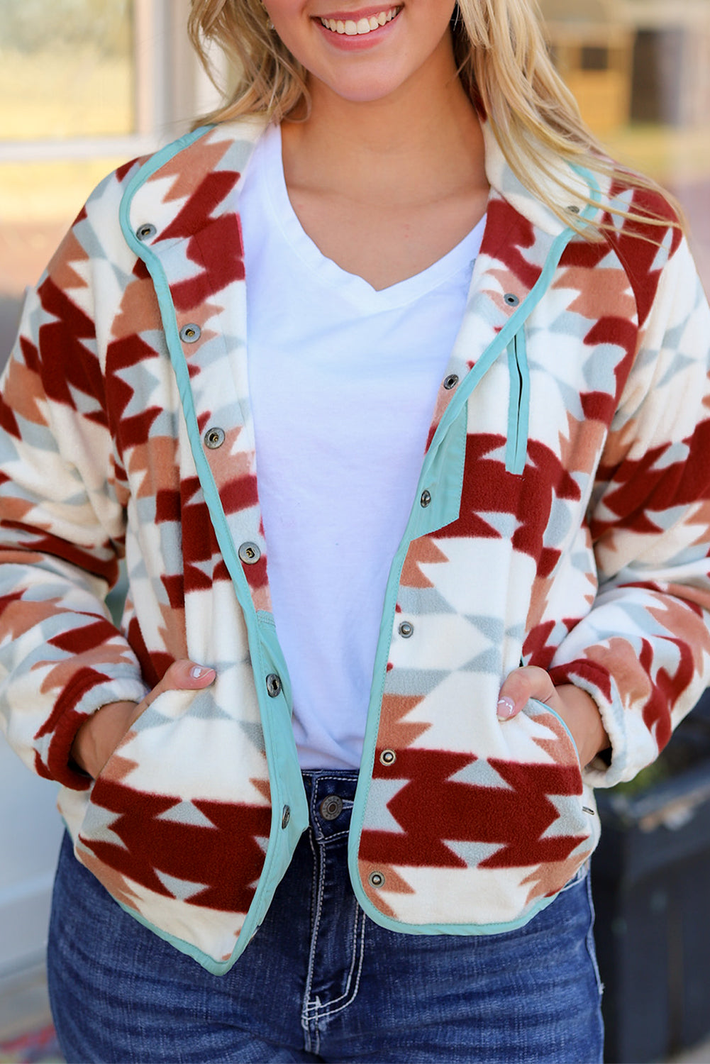Fiery Red Western Aztec Buttoned Zipper Pockets Fleece Jacket eAura