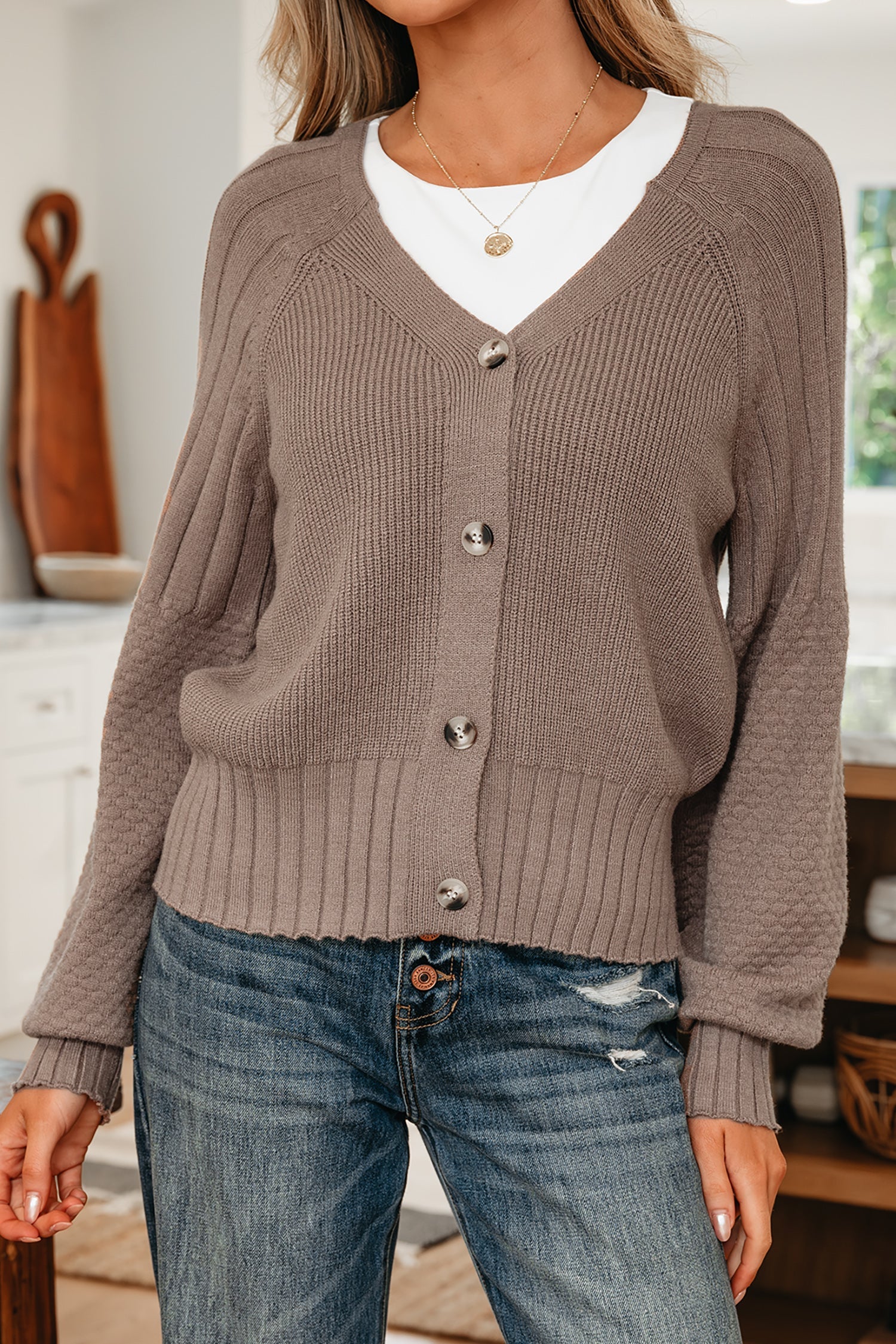 Mixed Texture Cardigan With Buttons - V-Neck - Sweaters & Cardigans/Cardigans