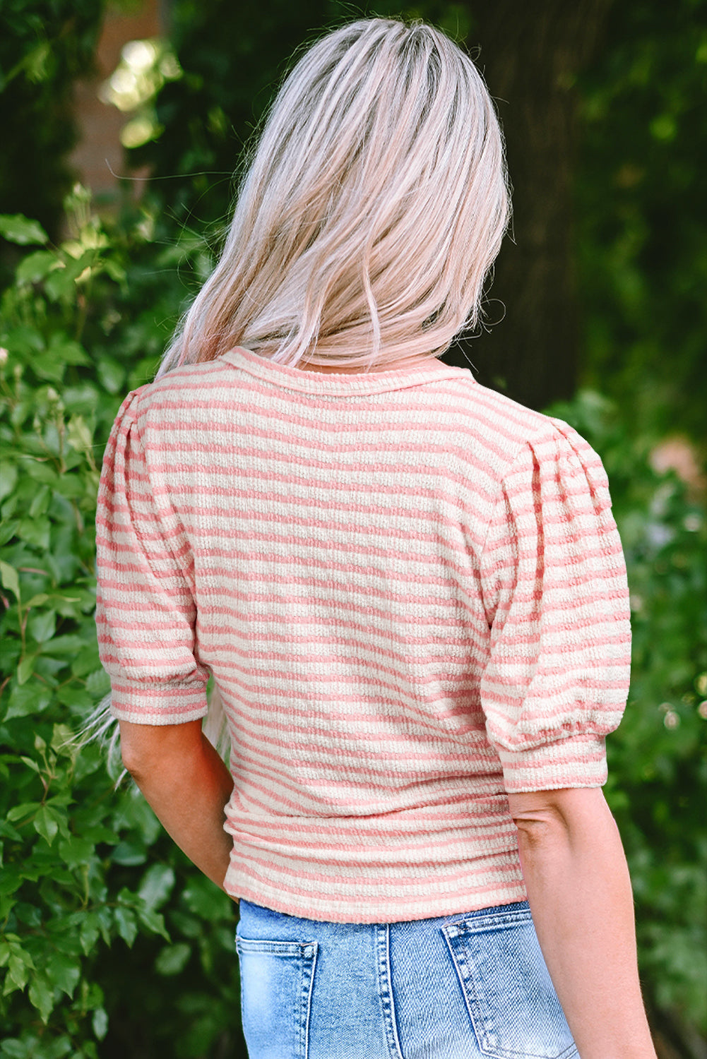 Pink Stripe Textured Puff Sleeve Crewneck Top eAura