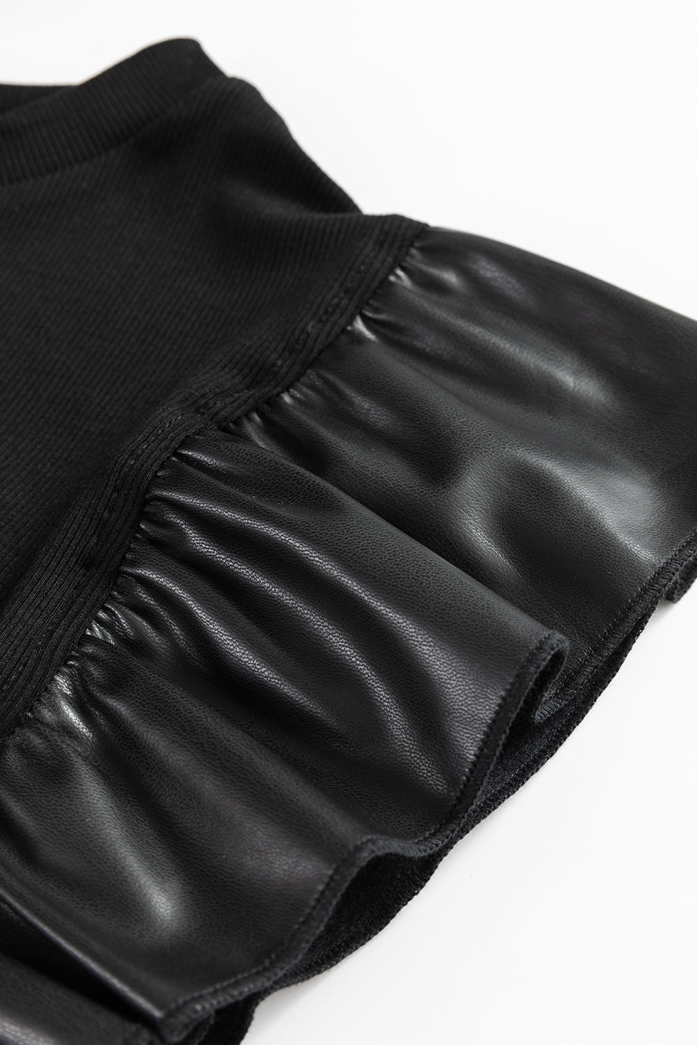 Black Leather Ruffle Sleeve Patchwork Round Neck Blouse eAura