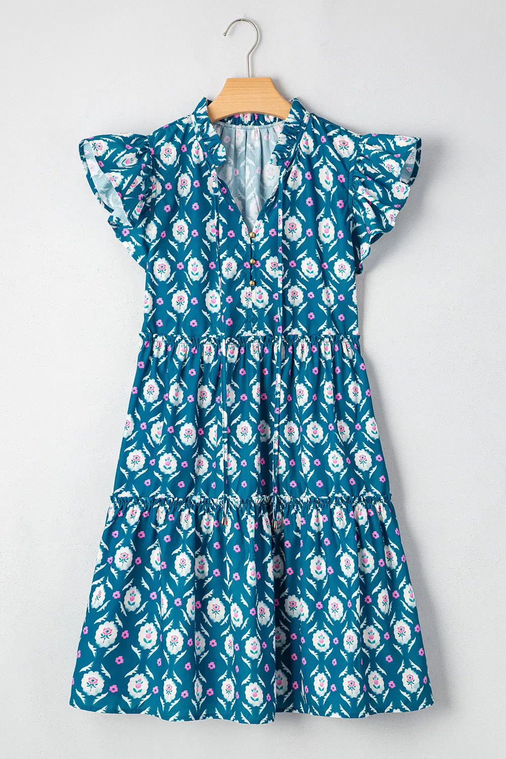 Blue Retro Floral Print Split Neck Ruffle Short Sleeve Dress - Dresses/Floral Dresses