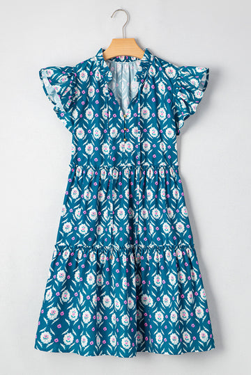 Blue Retro Floral Print Split Neck Ruffle Short Sleeve Dress - Dresses/Floral Dresses