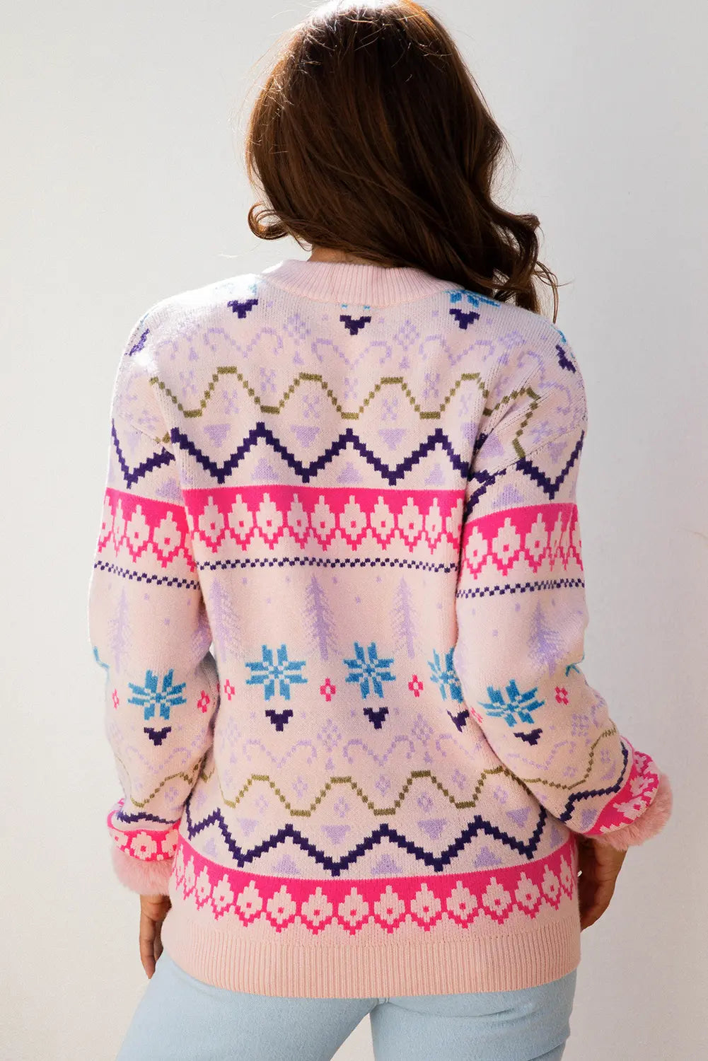 Ethnic Christmas Pattern Knit Feather Cuffed Sweater