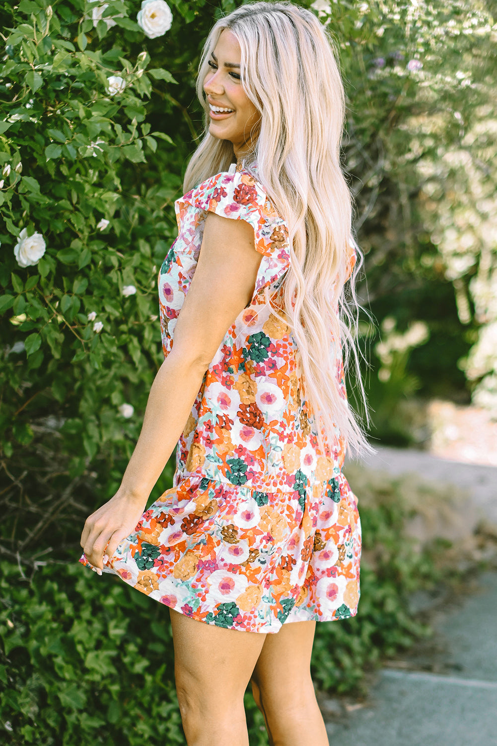 Purple Floral Print Split Neck Flutter Sleeve Dress eAura