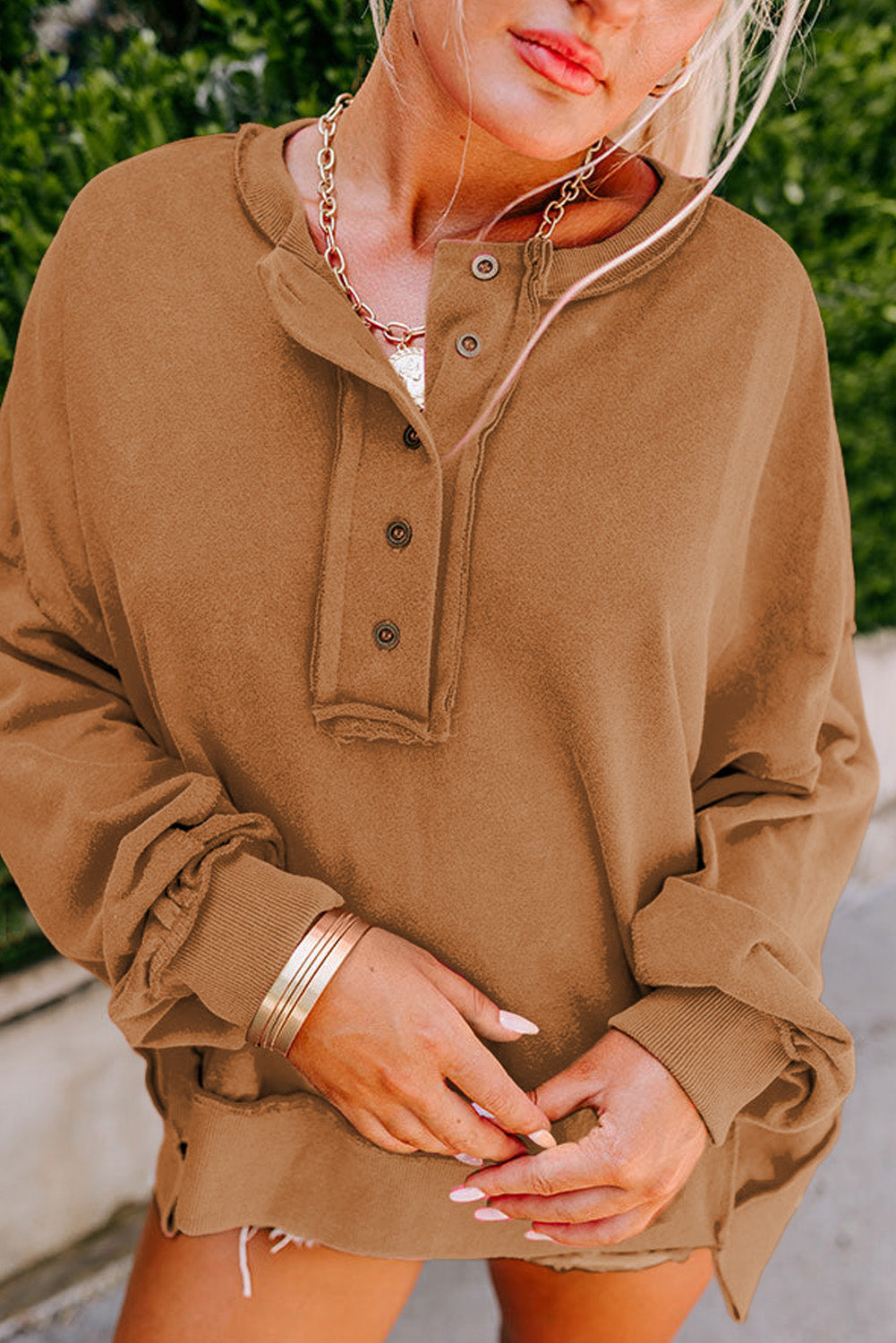 Drop Shoulder Henley Buttons Sweatshirt eAura