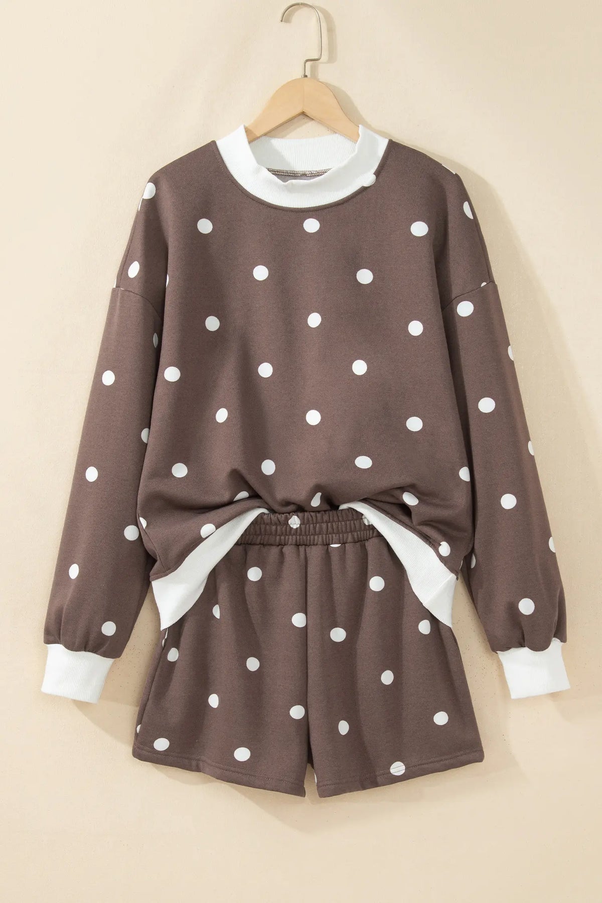 Polka Dot Ribbed Trim Long Sleeve Top Casual Short Set – Brown