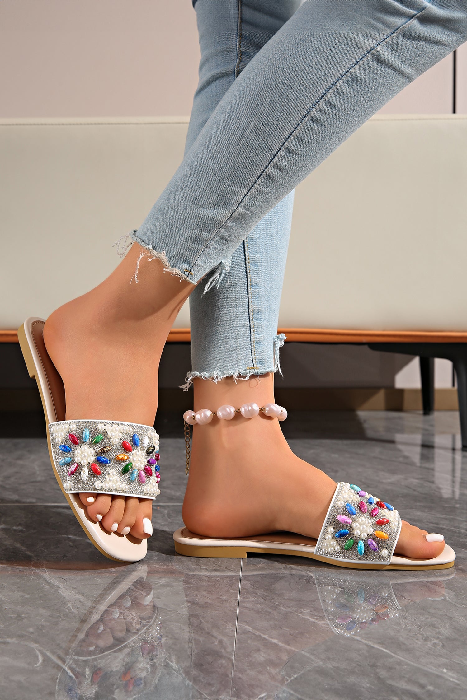 Rhinestone & Pearl Square Toe Beach Slippers – White