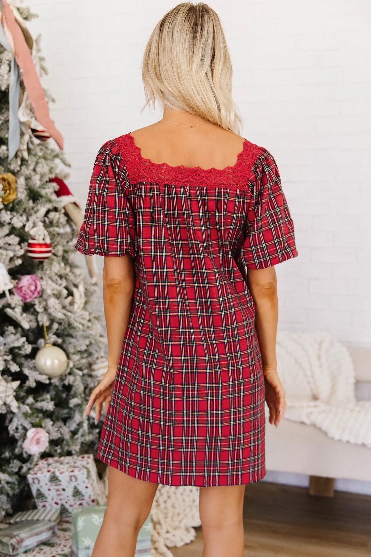 Plaid Square Collar Lace Trim Short Sleeve Shift Mini Dress