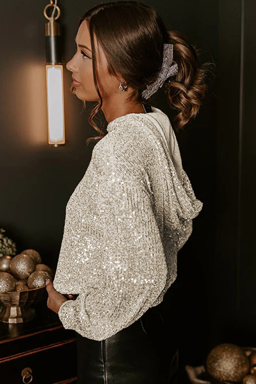 Sequin Hooded Long Sleeve Hoodie - Occasionwear/party tops