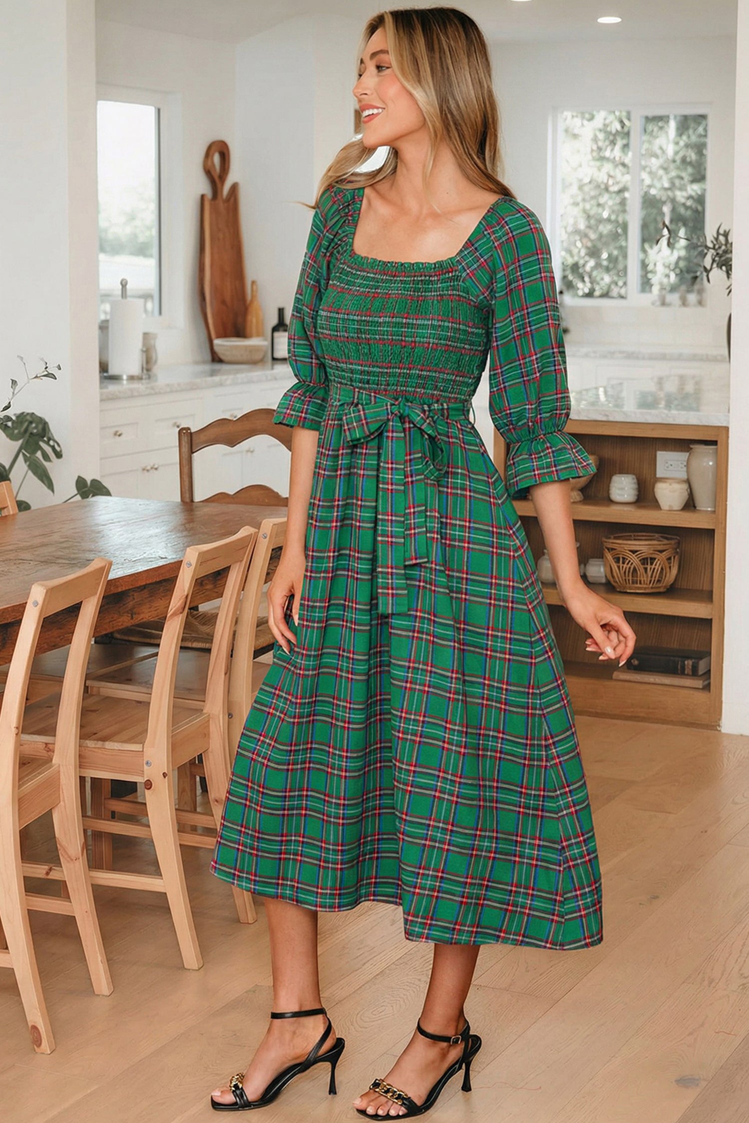 Tartan Plaid Square Neck Puff Sleeve Knot Waist Flared Midi Dress - Dresses/Midi Dresses