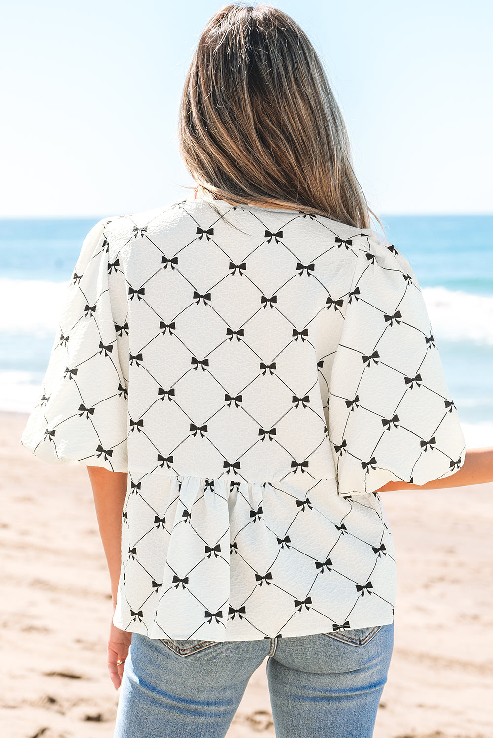 White Bowknot Print Front Knots Bubble Sleeve Blouse eAura