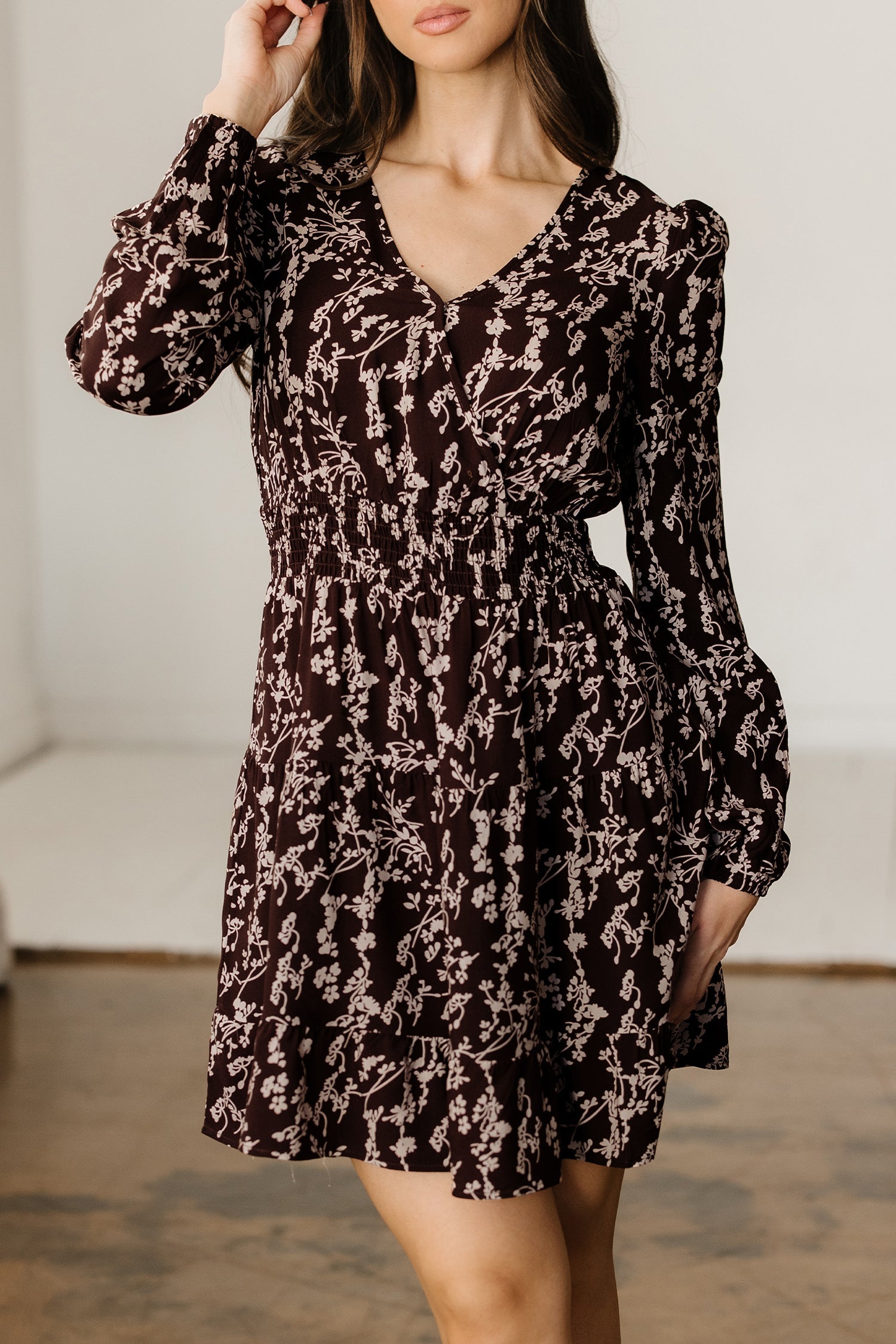 Ditsy Floral Print Split Neck Long Sleeve Shirred Waist Flared Mini Dress - Dresses/Mini Dresses