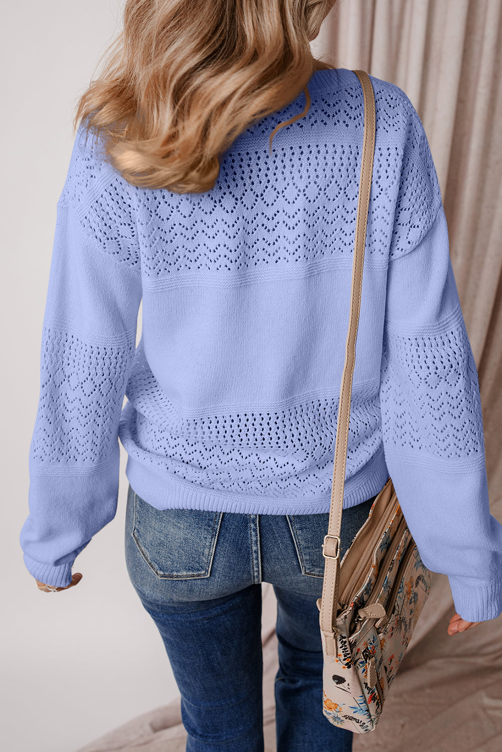 Sky Blue Eyelet Pattern Detail V Neck Drop Shoulder Sweater eAura