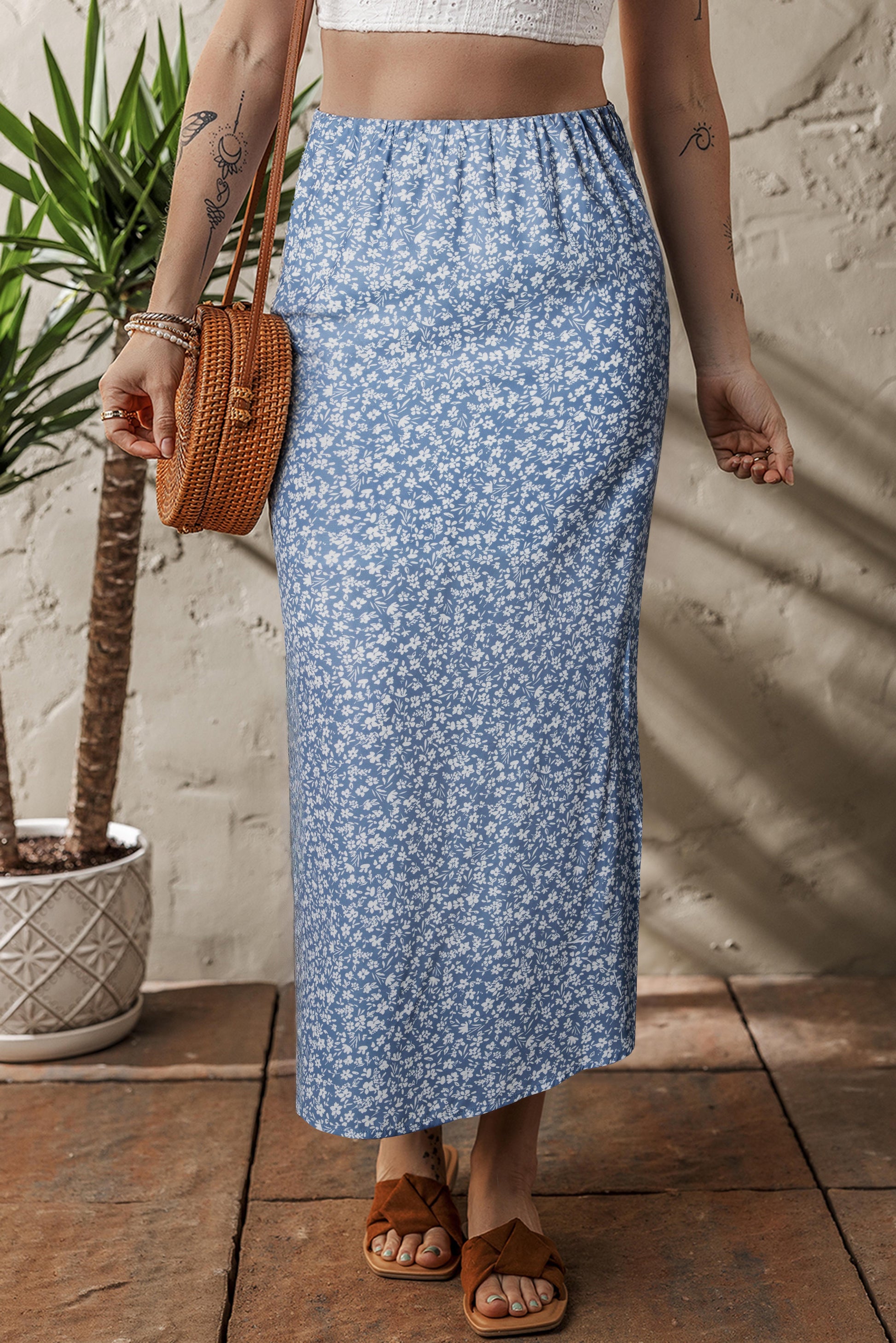 Sky Blue Boho Floral High Waist Long Skirt with Side Split eAura