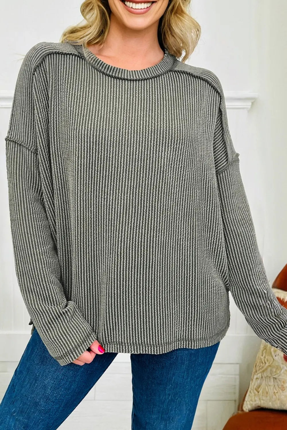 Twist Ribbed Exposed Seam Detail Long Sleeve Loose Top - Tops/Long Tops