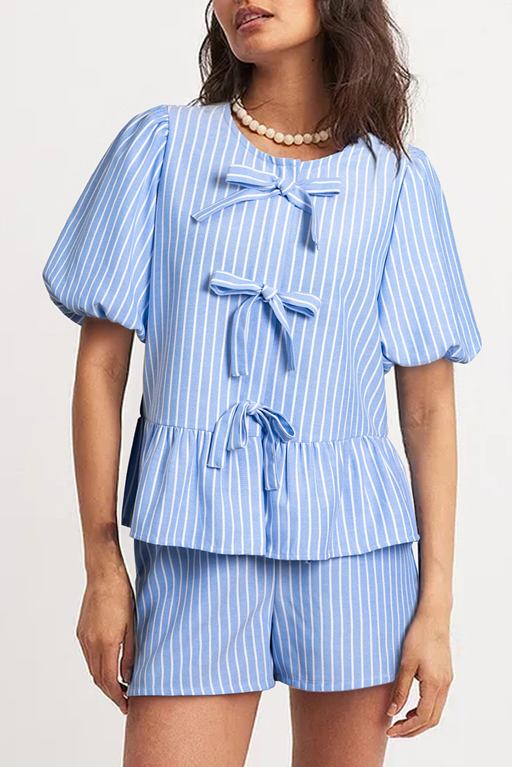 Sky Blue Striped Bowknot Detail Puffy Sleeve Top and Shorts 2Pcs Set eAura