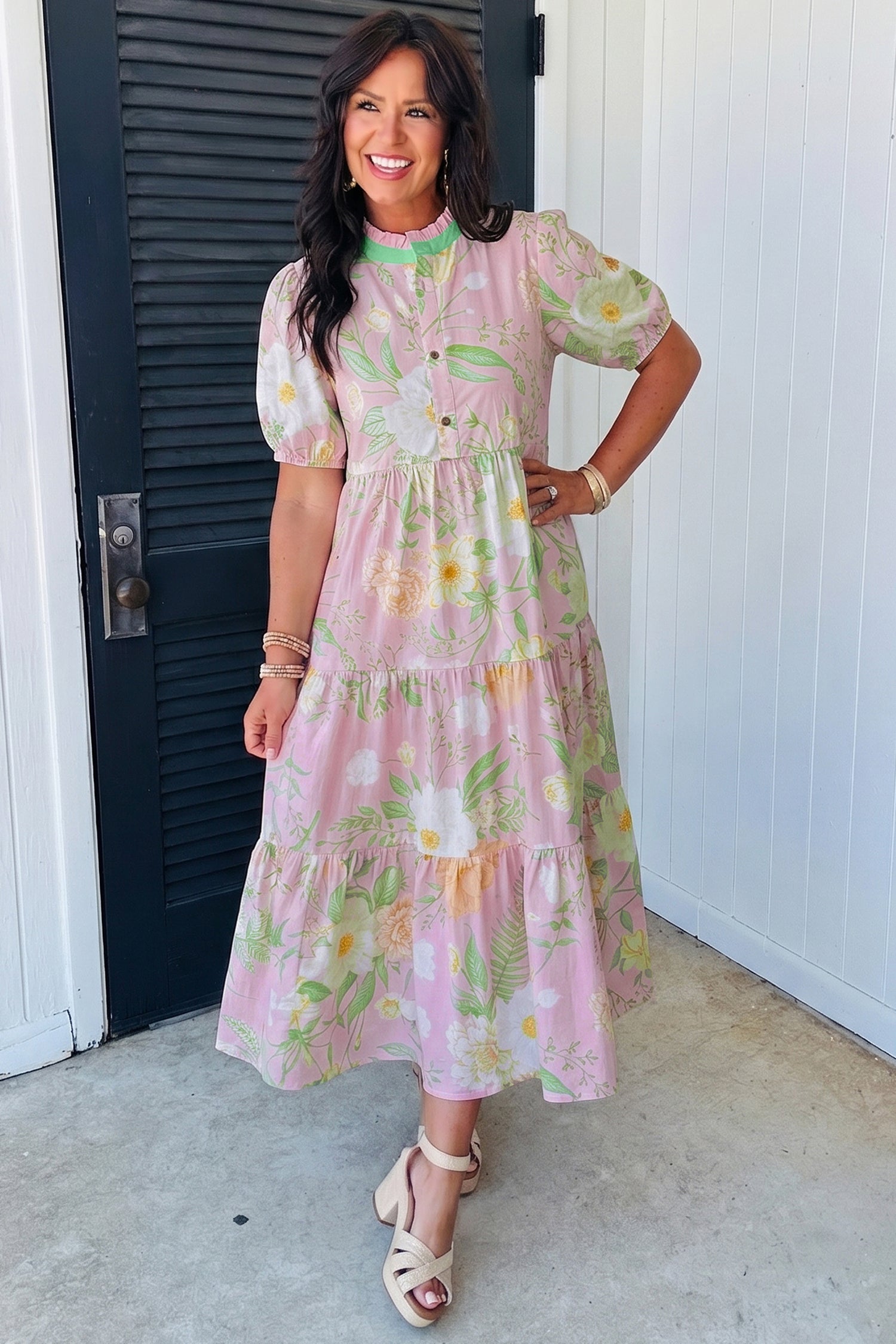 Floral Print Short Puff Sleeve High Waist Tiered Maxi Dress – Pink