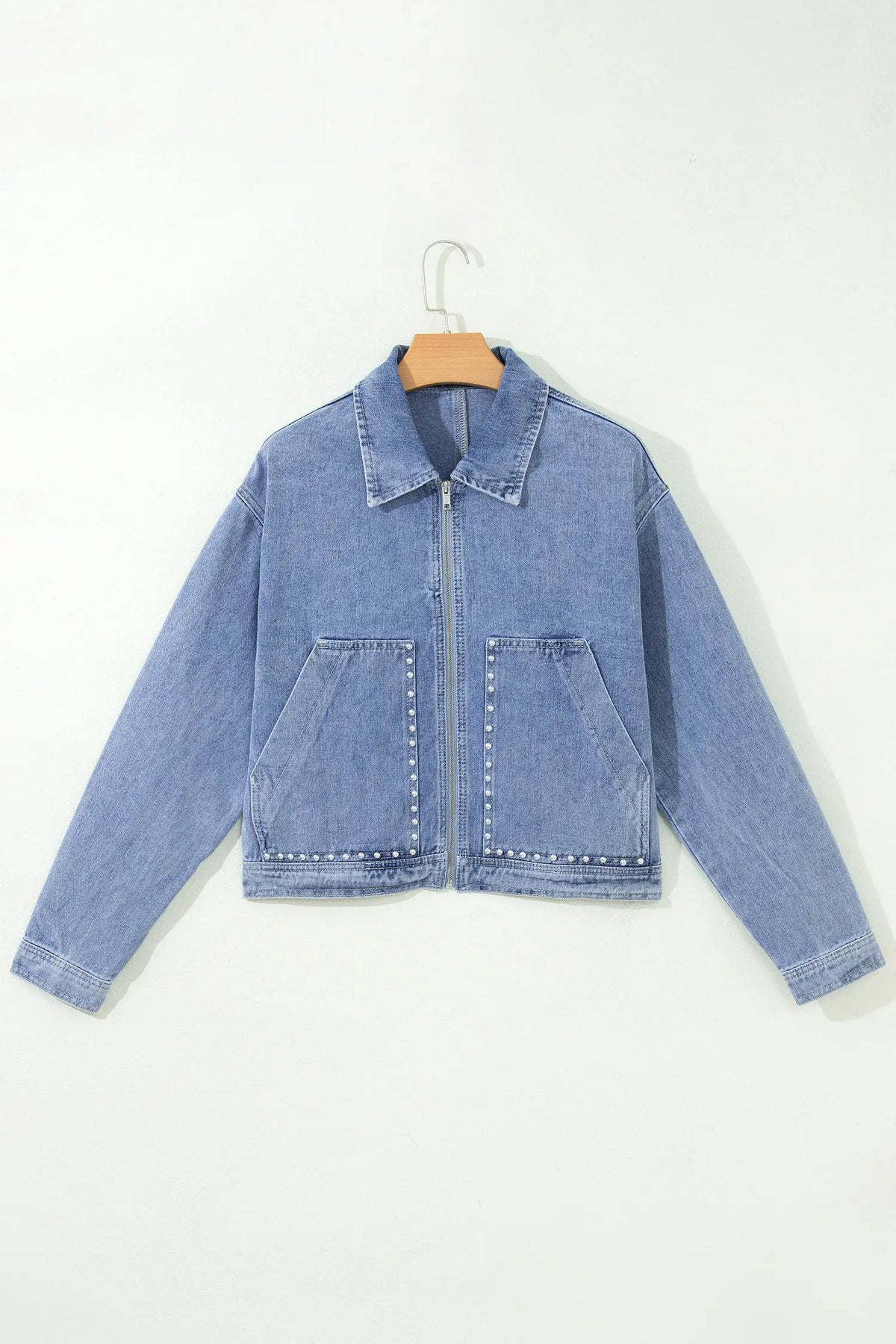 Beau Blue Studded Metal Zipper Rivet Pockets Long Sleeve Denim Jacket