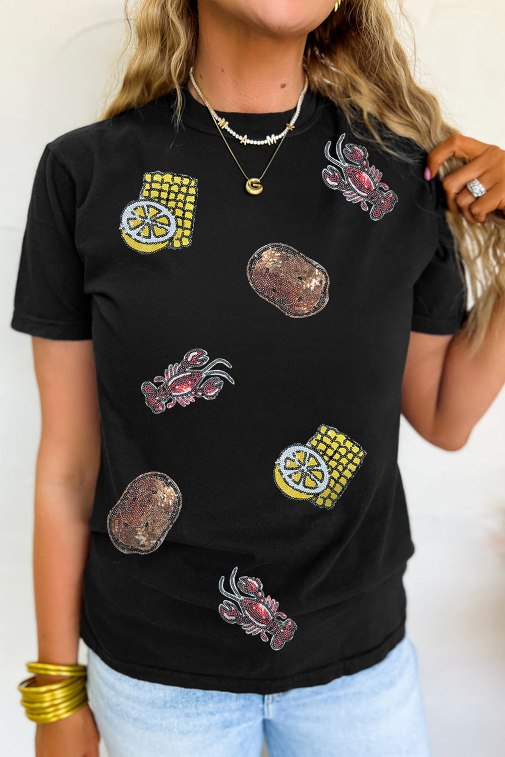 White Sequin Crawfish Potato Lemon Corn Graphic Crewneck T Shirt eAura