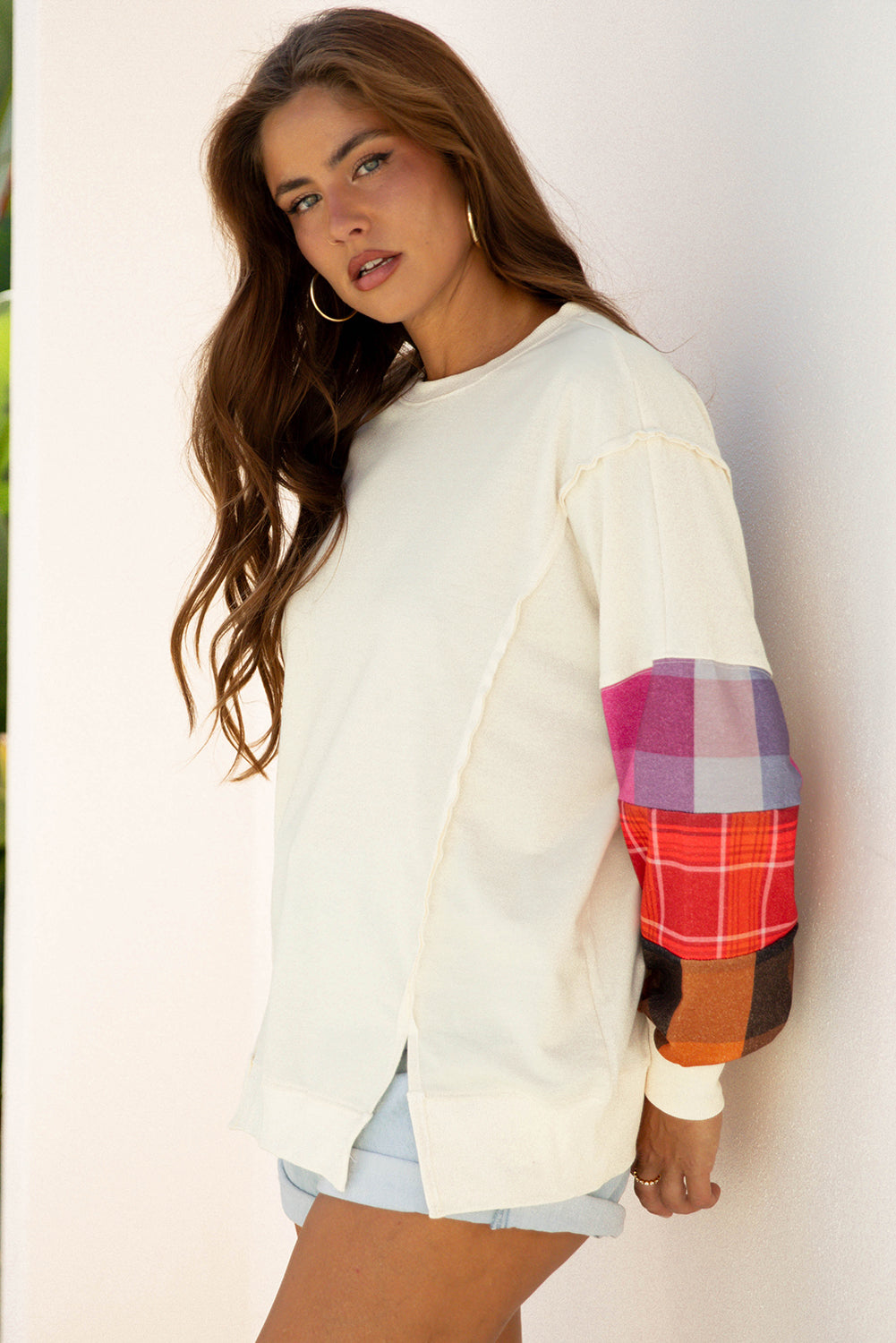 Beige Contrast Plaid Long Sleeve Exposed Seam Patchwork Top - eAura