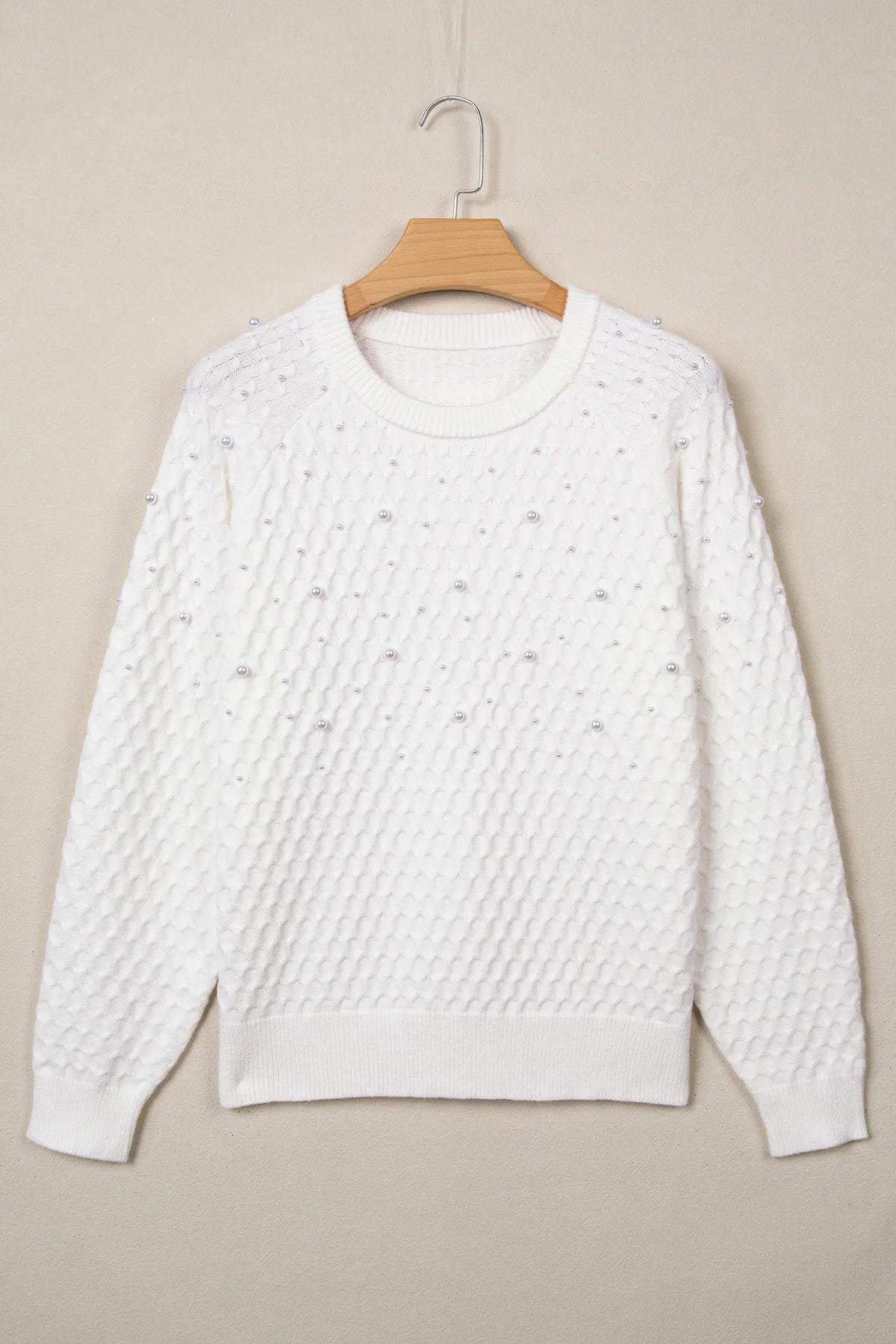 Solid Textured Knit Pearl Embellished Pullover Sweater – White