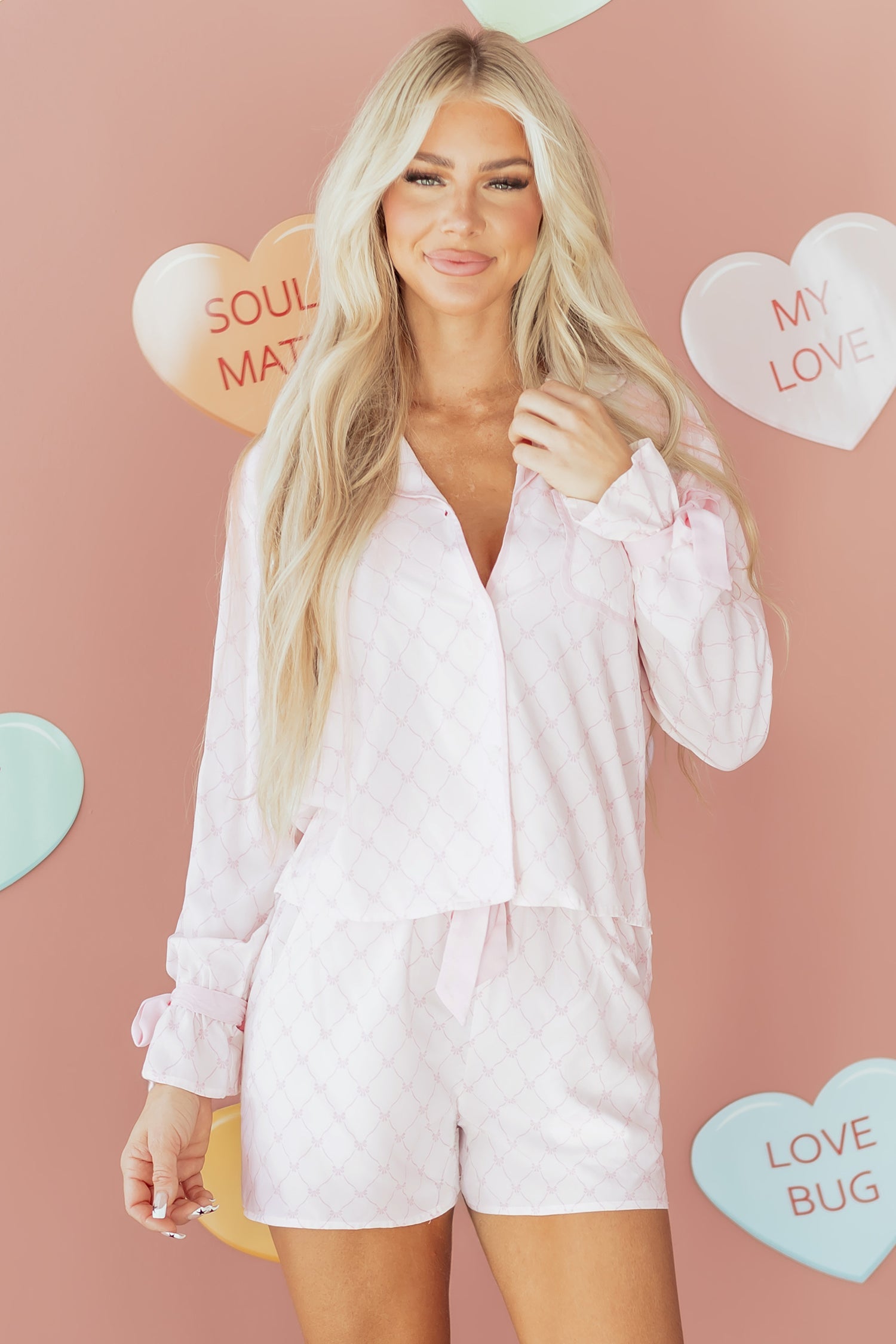 Pink Bow Lattice Print Bow Ties Pyjama Set - eAura