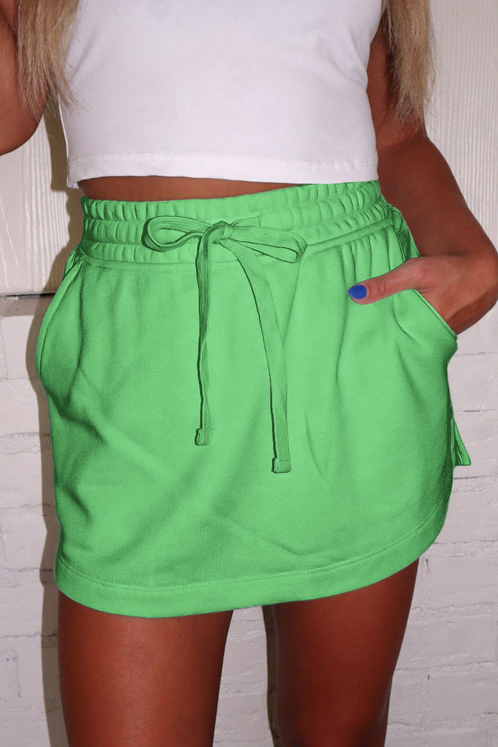 Light Green French Terry Drawstring Mini Skort with Pockets eAura